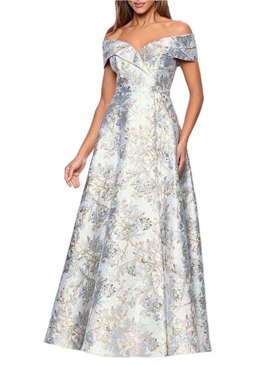 Xscape Dresses & Skirts - Xscape Light Blue and Gold Metallic Floral Off-Shoulder A-Line Maxi Dress